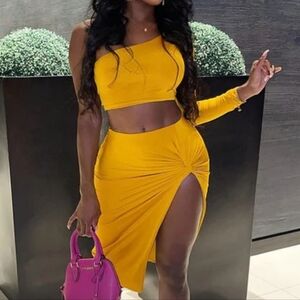 Elegant Mustard One-Shoulder Skirt Set
